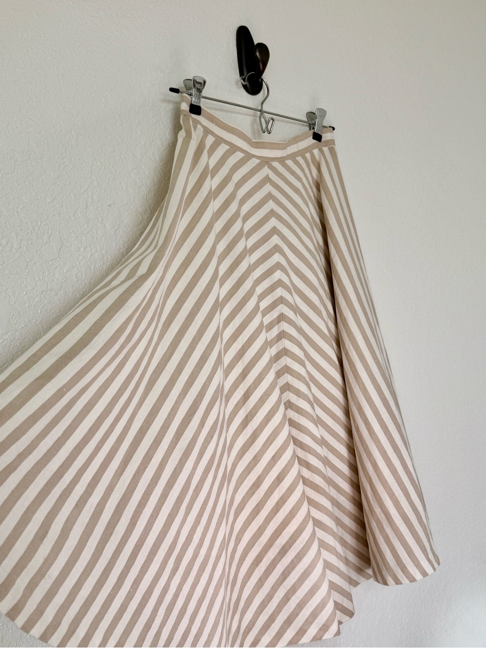 Beige and White Striped Circle Skirt - Tea Length